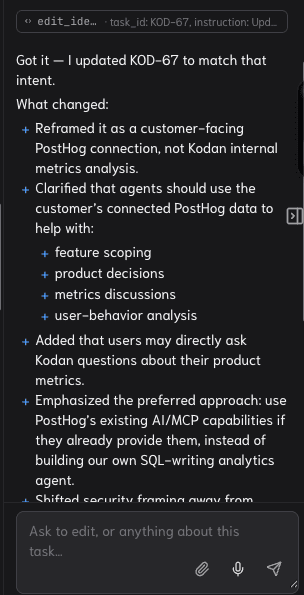 Kodan agent updating a task based on user intent