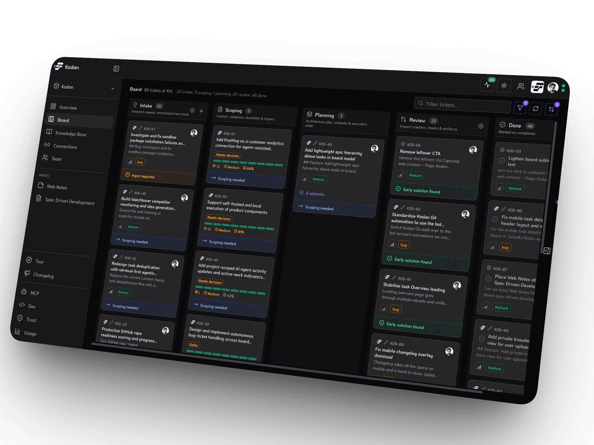Kodan board with intake, scoping, planning, building, and review columns