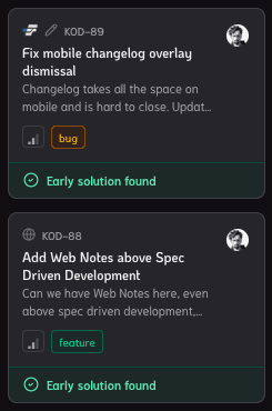 Kodan task board screenshot with early solution cards in review