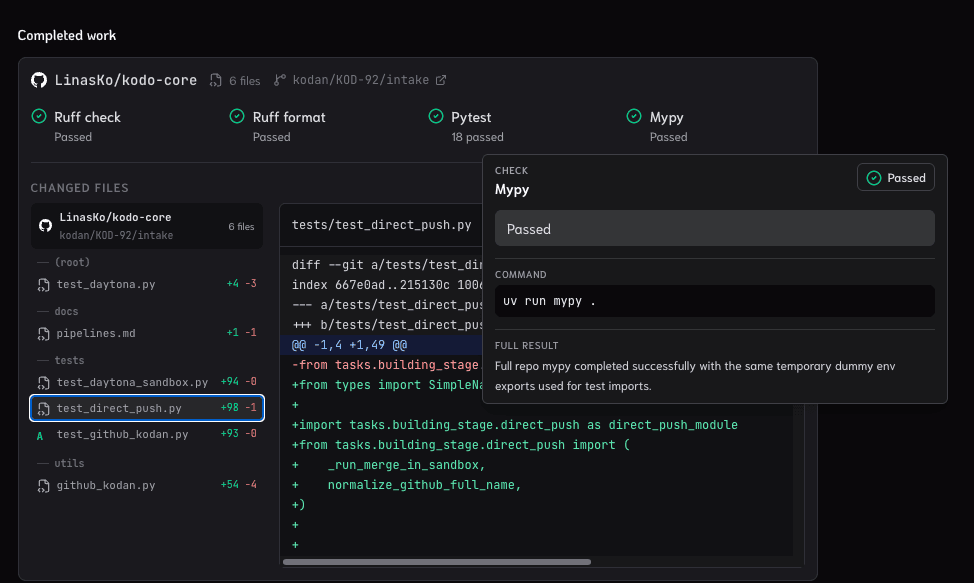 Kodan board screenshot showing visible work stages